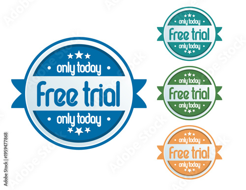Free trial labels, offer stickers, promotional badges, vector icons