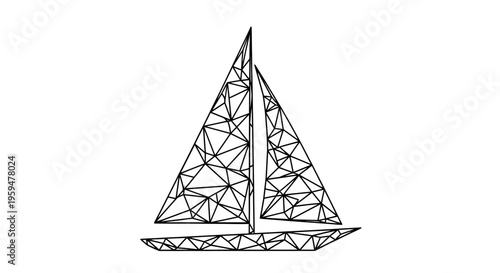 A geometric, line-art sailboat with triangular sails and hull on white