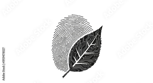 Black fingerprint and leaf with circuit board pattern on white