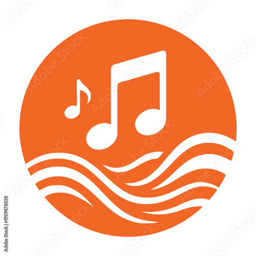 Music notes floating on water waves in orange circle icon