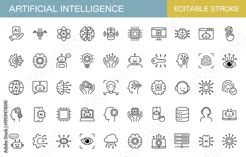AI・人工知能のラインアイコンセット（線幅変更可能）