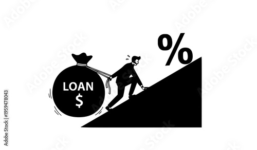 High loan interest burden man pulling money bag uphill vector illustration