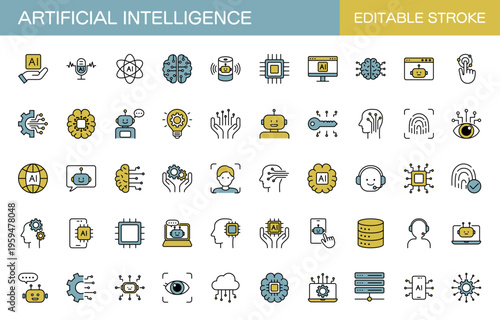 AI・人工知能のラインアイコンセット（線幅変更可能・カラー）