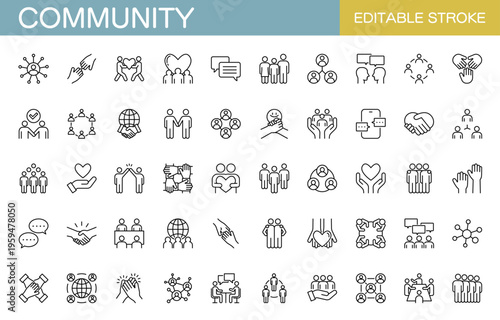 コミュニティに関するラインアイコンセット（線幅変更可能）