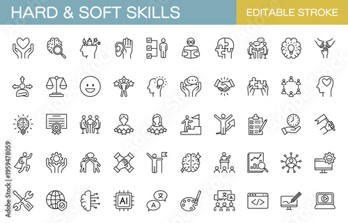 ハードスキルとソフトスキルのラインアイコンセット（線幅変更可能）