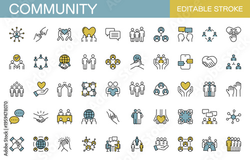 コミュニティに関するラインアイコンセット（線幅変更可能・カラー）