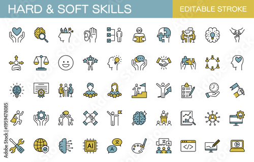 ハードスキルとソフトスキルのラインアイコンセット（線幅変更可能・カラー）