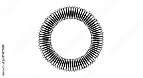 Black and white illustration of a circular arrangement of small, stylized bullet cartridges