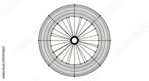 Intricate circular design with spokes radiating from a central hub and layered outer rings