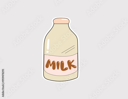 Milk bottle sticker; glass bottle with milk label vector for dairy product branding, healthy breakfast menus, and kitchen-themed scrapbook projects