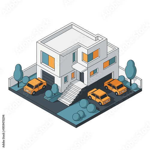 Modern suburban home with parked cars.