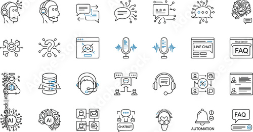 Artificial intelligence and chatbot technology icon set with machine learning automation neural network and virtual assistant line vector illustration collection