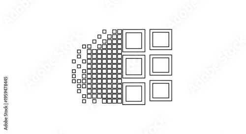Squares transition from scattered pixels to a grid of framed squares