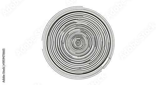 Concentric, varied thickness black lines form an abstract circular pattern on a white background