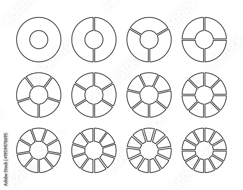 Circle division from 1 2 3 4 5 6 7 8 9 10 11 12 equal parts. Wheel round divided diagrams from one to twelve white blank segments. Coaching blank. Infographic collection, set.