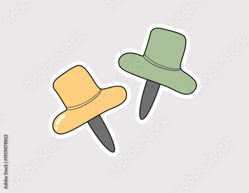 Push pins vector sticker; green and yellow thumbtacks for bulletin board themes, reminder apps, organization planners, and office memo graphics