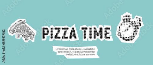Pizza Time with Hand-Drawn Slice and Alarm Clock