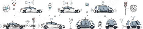 Autonomous Self Driving Car Technology Concept with Sensors Radar Communication and Smart City Connectivity in Modern Line Vector Illustration