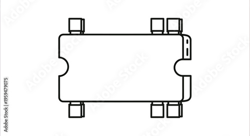 Minimalist illustration of a stylized, rectangular electronic component with four protruding square terminals