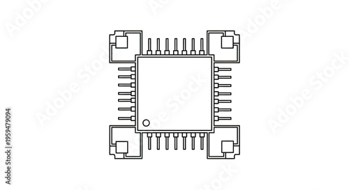 Detailed schematic outline of a square integrated circuit with multiple pins and connectors