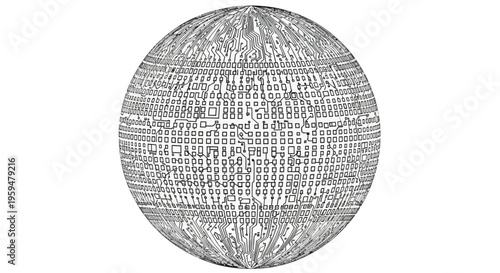 Abstract sphere rendered as a circuit board with binary code patterns