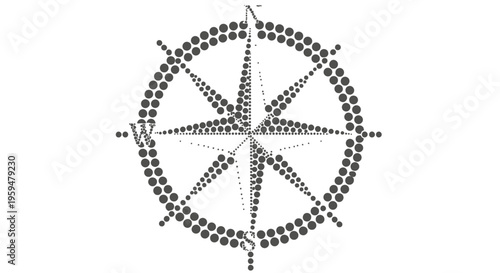 A dark gray dotted compass rose with N, S, E, W markings