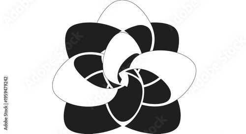 Interlocking black and white curved shapes form a stylized flower or pinwheel