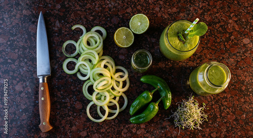 top view of knife, fresh cucumbers, kiwi, lime, peppers and greenery