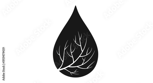 Black teardrop shape with white branching veins or roots inside