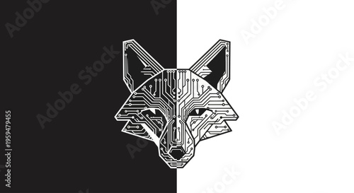Digital fox face on split black/white background, circuit board design