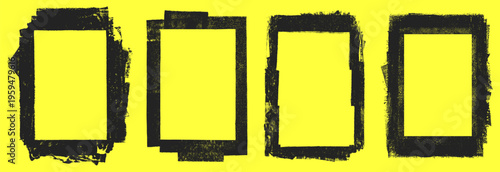 Linocut lino ink text frames framework, relief printing, rectangle artistic A4 shapes rough textures set, collection. Black linocutting textured grungy backgrounds. Paint roller geometric stains.