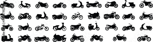 Motorbike set. Motor transport, motorcycle delivery, motor cycle for motocross, bicycle activity, engine. Modern vehicles, scooter, bikes and choppers. Vector illustration. Motor or heavy bike