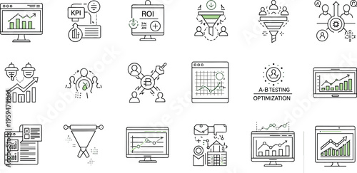 Business Analytics and Marketing Icon Set Featuring KPI, ROI, A B Testing, Funnel, Data Charts, Growth Metrics, Dashboard, and Performance Optimization Symbols for Digital Strategy Design