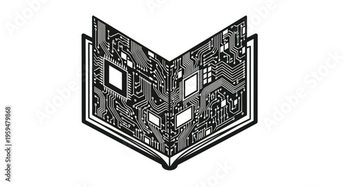 Open book with intricate circuit board patterns on pages