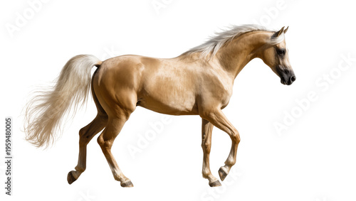 Fotografie Elegant palomino horse with golden coat and flowing mane trotting in natural gai