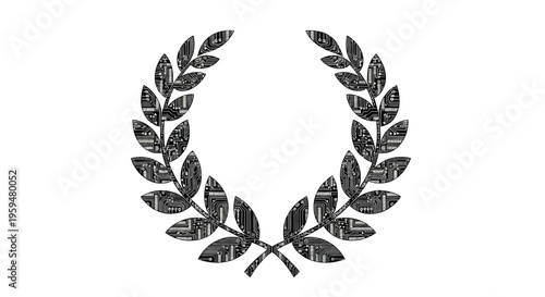 Black laurel wreath with circuit board pattern inside leaves