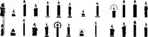 Set of candles for birthday cake or pie vector illustration. Holiday candle collection with burning flames in night, candlelight on wicks, celebration objects