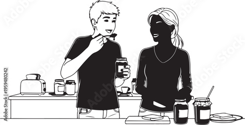 Happy African American family of four enjoying a meal together, smiling and sharing food at the dining table.