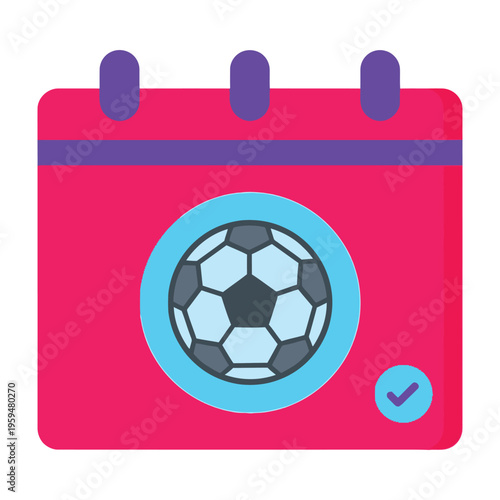 Soccer ball icon on pink calendar with checkmark and purple tabs