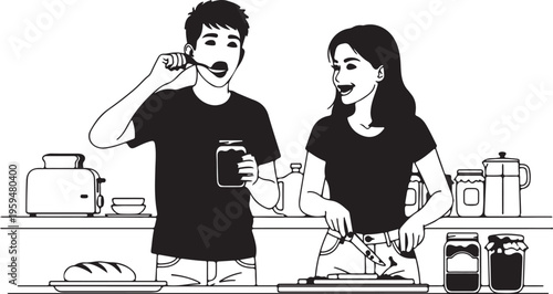 A family of five stands together in a warmly lit living room