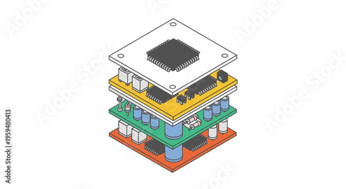 Stacked electronic circuit board with processor, capacitors, resistors, and integrated circuits