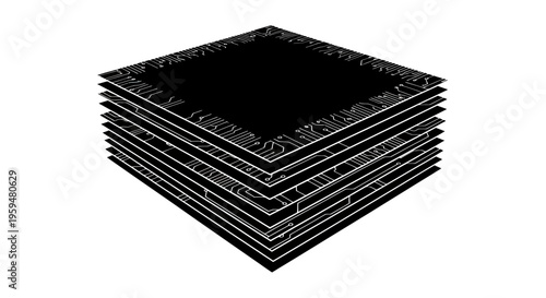 Stacked square electronic circuit boards viewed from an angle, black and white