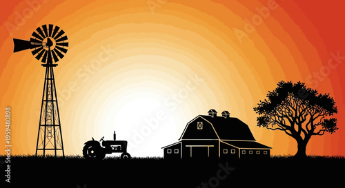 Silhouette of Traditional Farm Landscape with Barn, Windmill, and Tractor at Sunset
