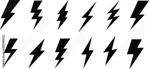 flash lightning bolt icon set. Electric power symbol. Energy sign, vector illustration. charge sign. Thunder strike electricity linear symbol. Thunderbolt flash. Powerful electrical discharge hitting.