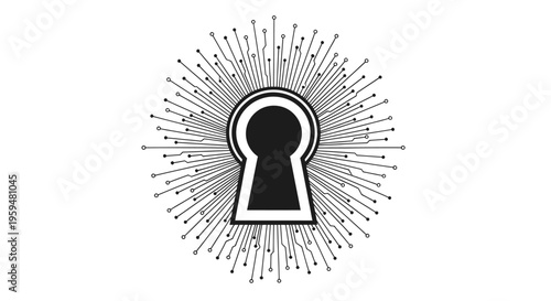 A black keyhole symbol is surrounded by radiating circuit board lines and dots