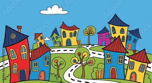 Brightly colored cartoon neighborhood with quirky houses, green hills, and winding roads.