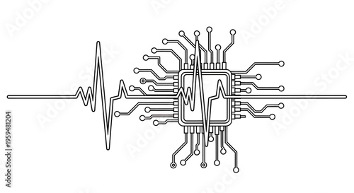 A stylized electrocardiogram pulse runs through a complex circuit board with a central processor