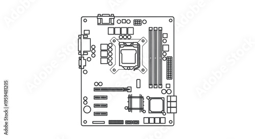 Detailed outline illustration of a computer motherboard with various connectors