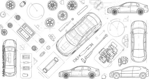 Car blueprint engineering set with vehicle parts, technical drawing of automobile components, wheels engine and chassis top side views vector illustration