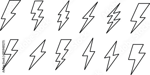 Line flash lightning bolt icon set. Electric power symbol. Energy sign, vector illustration. charge sign. Thunder strike electricity linear symbol. Thunderbolt flash. Powerful electrical discharge .